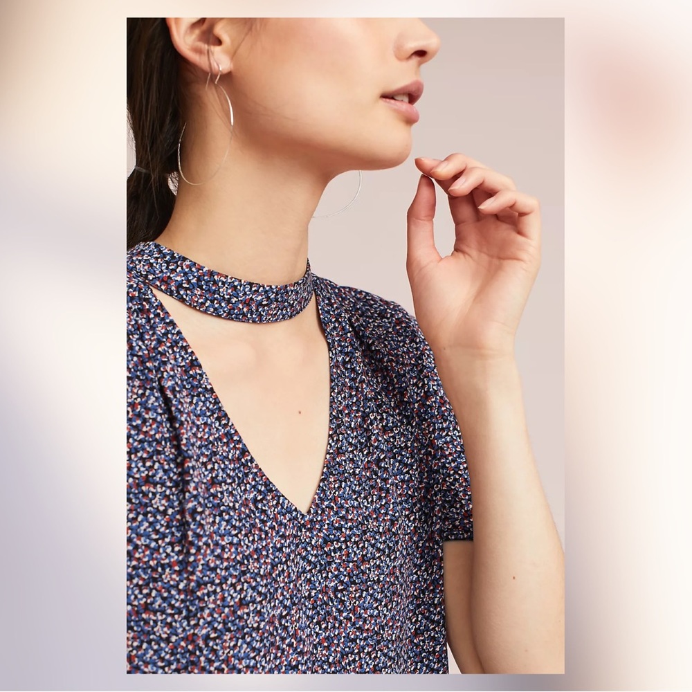 Anthropologie Navy Floral V-Neck Blouse with Choker - Picture 2 of 11